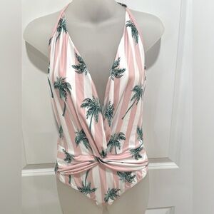 NWT Kenny Flowers watercolors  Palm Beach Pink Deep V halter one piece swim